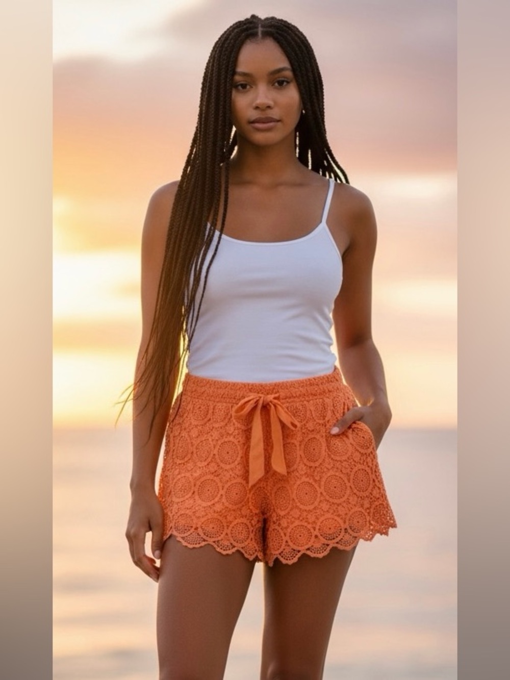 HeartSoul Orange Crochet Lace High Waist Shorts